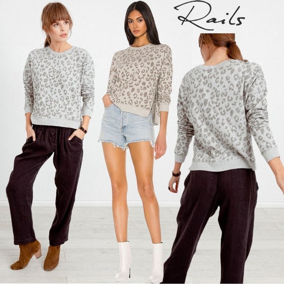 RAILS Leopard Animal Print Sweater Pullover Sweatshirt Marlo Flocked Grey Modal - Picture 1 of 13